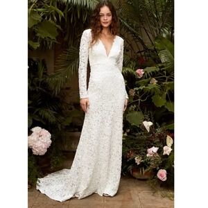 NEW LULUS FOLLOWING YOUR HEART L White‎ Lace Long Sleeve MAXI GOWN Wedding Dress